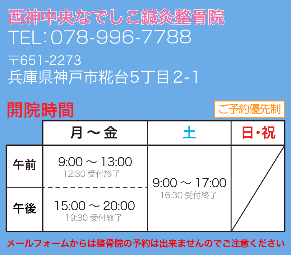 西神中央なでしこ鍼灸整骨院の電話番号、住所、開院時間